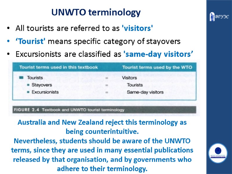 UNWTO terminology All tourists are referred to as 'visitors'  ‘Tourist' means specific category